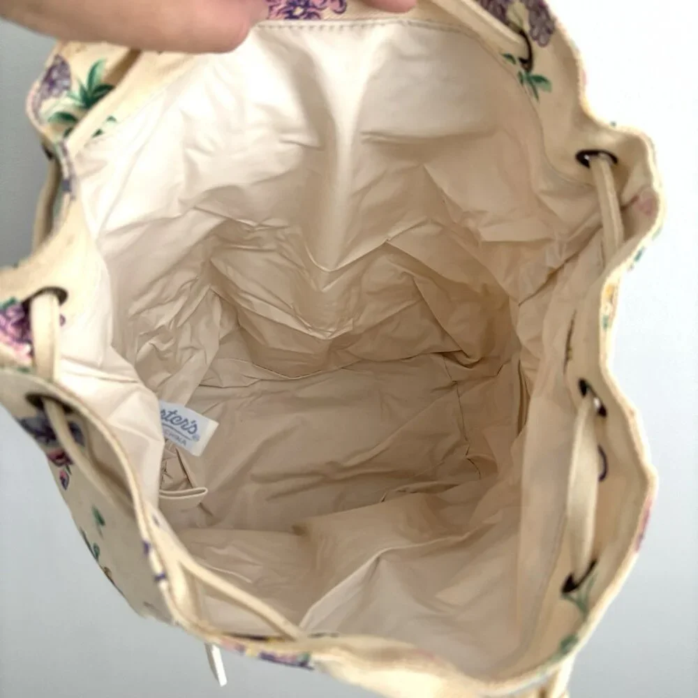 Carter’s Vintage Canvas Drawstring Backpack Cream Floral and Stripe Pattern